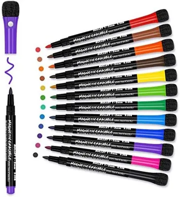 Produktbild von PromoHome® 12 Stück magnetische Whiteboard-Marker mit Radierern – feine Spitze, trocken abwischbar, bunt