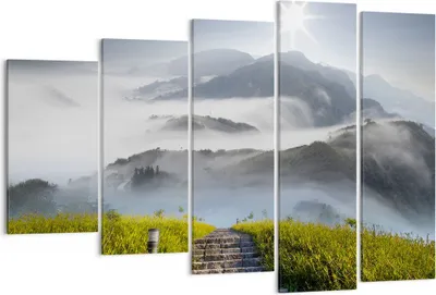 Produktbild von Bild auf Leinwand - Leinwandbild - Berg Nebel Landschaft Morgen - 150x100cm - Wand Bild - Wanddeko - Leinwanddruck - Bilder - Kunstdruck - Wanddekoration - Leinwand bilder - Wandkunst - EG150x100-2478