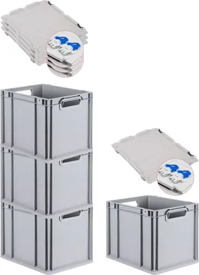 Produktbild von SuperSparSet 4x Eurobox NextGen Economy mit Scharnierdeckel und blauen Schiebeschnappverschlüssen | Griffe offen | HxBxT 32x30x40cm | 30 Liter | Eurobehälter, Transportbox, Transportbehälter, Stapelbehälter