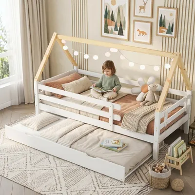 Obrázok produktu pre Flieks Detská posteľ 90x200cm s lamelovým rámom, Posteľ do domu Jednolôžková posteľ s rozkladacím lôžkom, denná posteľ Posteľ pre hostí Posteľ z masívneho dreva, biela