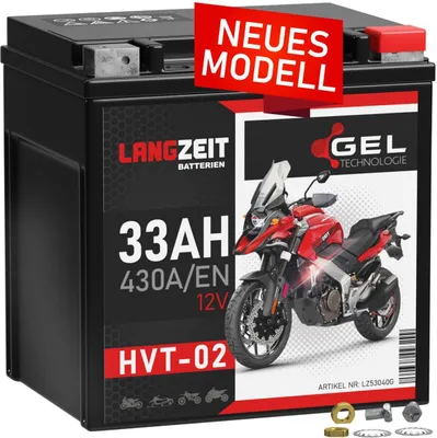 Produktbild von LANGZEIT HVT-02 HVT-2 Motorradbatterie GEL 12V 33Ah 430AEN Gel Batterie 12V YB30L-B YIX30L-BS 53040 ersetzt 32Ah 30Ah