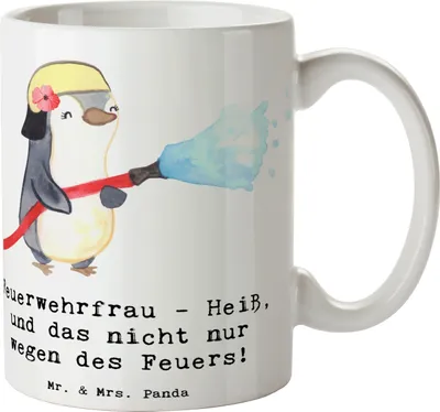 Produktbild von Mr. & Mrs. Panda Becher Feuerwehrfrau Heiß - Weiß - Geschenk, Kaffeebecher, Anerkennung, haferl, Geschenke für Berufstätige, Beruf, personalisierte, Tasse, bewundern