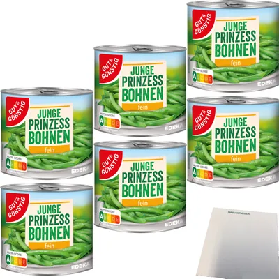 Produktbild von Gut & Günstig Junge Prinzessbohnen fein sortiert 6er Pack (6x400g Dose) + usy Block