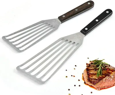 Zdjęcie produktu dla Zestaw Szpatułek 2 Sztuki, Stal Nierdzewna Szpatułka do Ryb i Steków, Drewniana Rączka, Non-stick Przybory