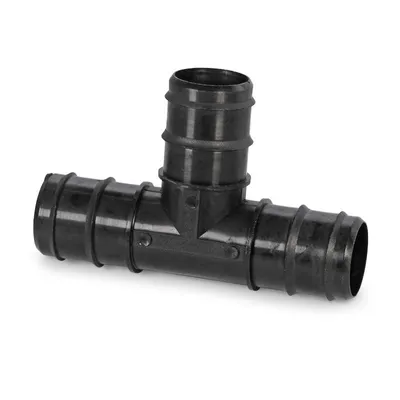 A black plastic T-connector for pipes, shown against a white background.