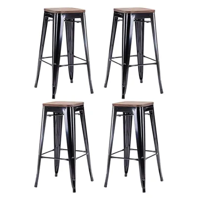 Four black metal bar stools with wooden seats are arranged in a 2x2 grid against a white background.