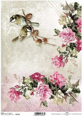 Immagine prodotto di ITD carta di riso per decoupage, R1318 Uccelli su un ramo di rosa