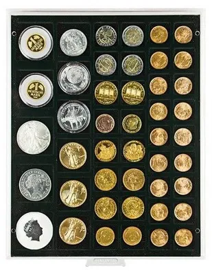 Produktbild von Lindner 2145C Münzbox Carbo mit 45 quadratischen Vertiefungen für Münzen/Münzkapseln mit Ø 24, 28, 39, und 44 mm-grau / schwarze Einlage
