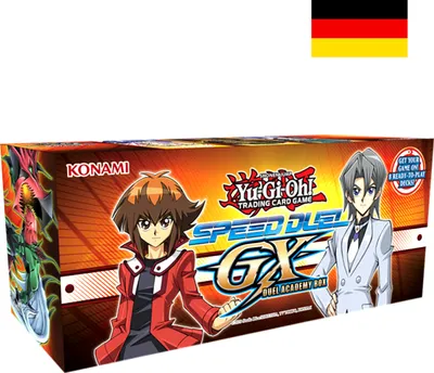 A product box for the Yu-Gi-Oh! Speed Duel GX: Duel Academy Box, featuring anime characters and branding. A German flag is visible in the top right corner.