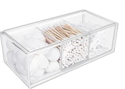 Productafbeelding van Unyqoos® Transparante acryl organizer voor wattenstaafjes en accessoires, met verstelbare compartimenten, een stofbestendige lade, en geschikt om te stapelen. Afmetingen: 21 x 10 x 7 cm