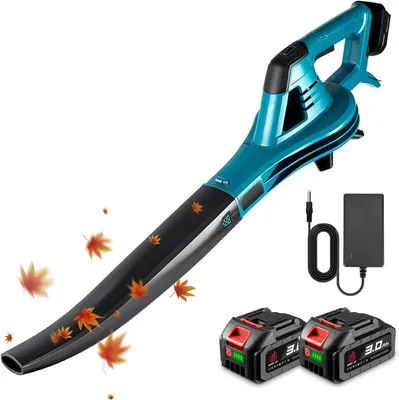 A cordless leaf blower with two batteries and a charger, set against a white background with animated leaves.