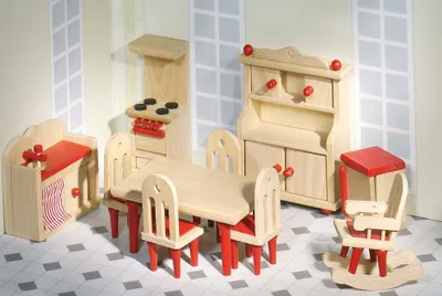 Produktbild von Goki Puppenmöbel Küche rot/natur aus Holz/Textil, 14 cm, Bauernhausstil, umfassendes Set mit Herd, Kühlschrank, Arbeitsplatte, Waschmaschine, Esstisch & Stühlen, großem Schrank & Schaukelstuhl, passend für Goki-Puppenhäuser