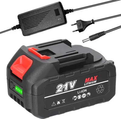 A 21V lithium-ion battery pack and its charging adapter are shown against a white background.