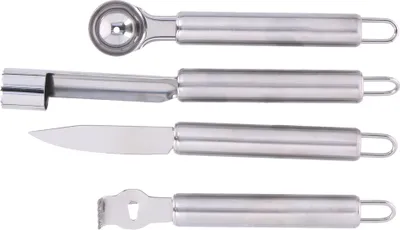Produktbild von alpina Obst Werkzeug - 4er-Set - Sparschäler/ Obstschneider/ Apfelschneider/ Melonenausstecher - Edelstahl Rostfrei