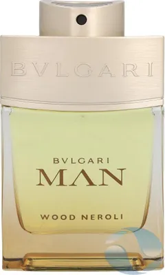 A close-up studio shot of a Bvlgari Man Wood Neroli Eau de Parfum bottle.