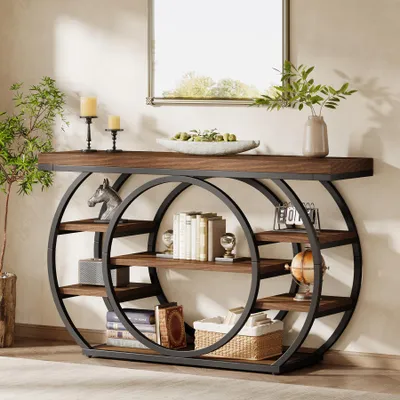Image de Table console, table basse de 120 cm, table de salon de style industriel avec 5 étagères, table d'appoint