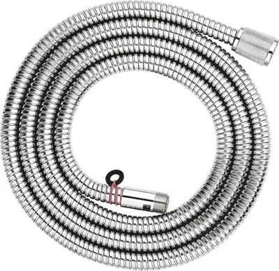 A coiled silver shower hose on a white background.