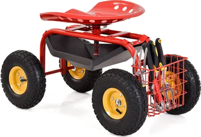 Produktbild von COSTWAY Gartensitz mit Rollen, Ablage, Korb und breiter Gummireifen, Gartenwagen 360° drehbar höhenverstellbar, Rollsitz bis 150kg Metall