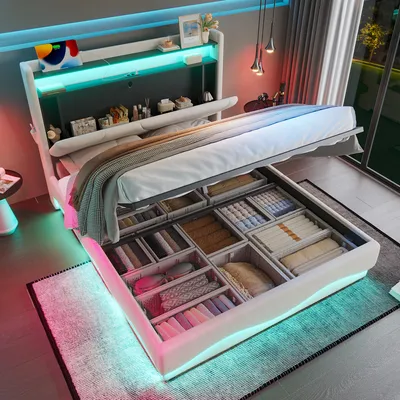 Produktbild von Modernes Polsterbett – Kopfteil mit LED und Ablageflächen, extra Stauraum unten, leiser Gasdruck-Lattenrost, e USB-Anschlüsse, praktische Seitentaschen, 160 x 200CM