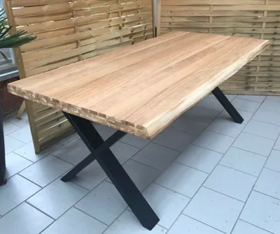 Produktbild von Esstisch Wildeiche Massiv Baumkantentisch 240x100cm Metallfüße X-Gestell Schwarz