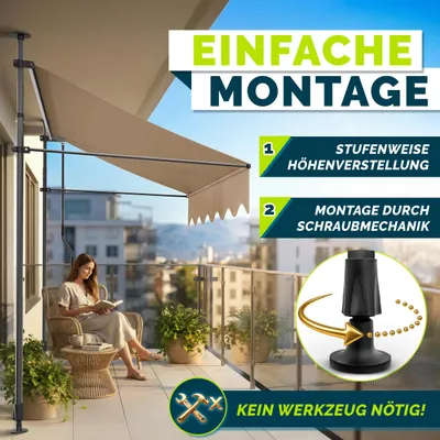 Produktbild von tillvex Balkonmarkise 350 cm Taupe Gelenkarm Markise Klemmmarkise Sonnenmarkise Balkon ohne Bohren