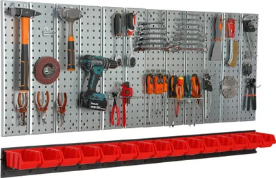 Immagine prodotto di Parete attrezzi 156x72 cm Sistema di stoccaggio in metallo con portautensili Ganci per attrezzi e 15 scatole di impilamento 100 x 150 x 70 mm Colore: rosso Pannello forato Officina Garage Pioliera Utensili elettrici Parete forata