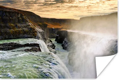 Produktbild von MuchoWow® Poster Sonnenuntergang am Gullfoss-Wasserfall in Island 120x80 cm - Bilder
