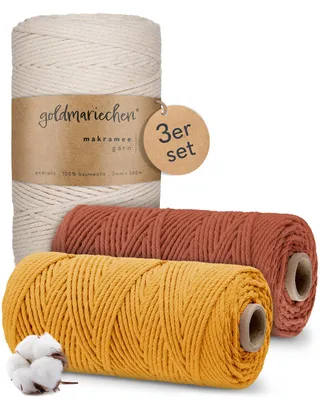Produktbild von Makramee Garn 3er Set 3mm (Naturell 200m, Terracotta 100m, Safran 100m) 100% Baumwolle Makrameegarn für DIY wie Halskette, Armband, Schlüsselanhänger