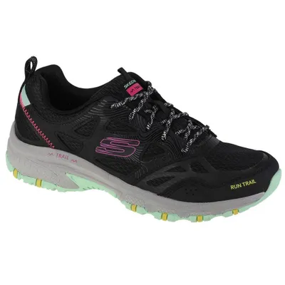 A single black Skechers trail running shoe is shown against a white background.
