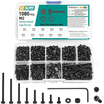 Imagen del producto de Juego de tornillos M2, de 1080 piezas, que incluye: tornillos para culata, tornillos hexagonales, tuercas y arandelas