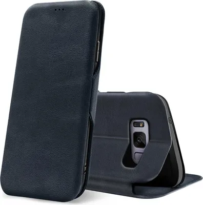 A dark blue flip case for a smartphone is shown against a white background.