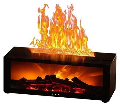 A black electric fireplace with realistic flame and log effects, shown against a white background.