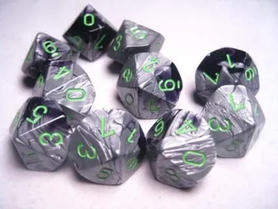 Productafbeelding van Chessex Gemini, zwart-grijs-groen, set van 10 D10 dobbelstenen