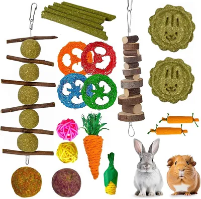 Produktbild von Kauspielzeug Set für Kleintiere, 21-teilig, Apfelholz und Timothy Heu, für Kaninchen und Nager
