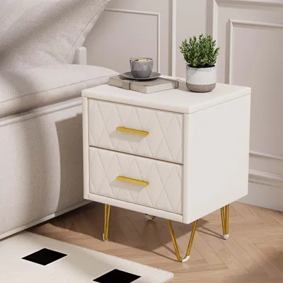 Produktbild von Fortuna Lai 2er Set Nachttisch Beige Polyurethan– Moderner Nachttisch mit 2 Schubladen, Polster-Design & Goldmetallfüßen, Beistellschrank für Schlafzimmer