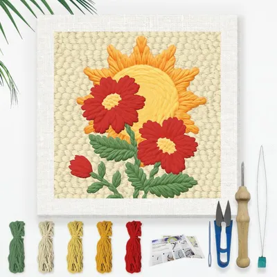 Image de Kit de broderie à la main avec aiguille à picots de 24 cm, motif floral rouge, pour adultes et débutants