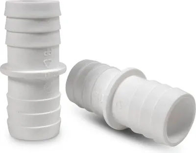 Two white plastic hose connectors are shown against a white background. One is standing upright, and the other is lying on its side.