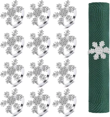 Produktbild von Set von 12 Luxus-Serviettenringen mit Silberner Schneeflocken-Design für Festliche Tischdekoration