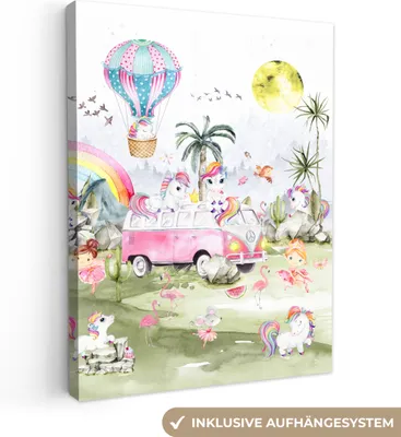 Produktbild von MuchoWow® - Leinwandbilder - Einhorn - Regenbogen - Kinder - Mädchen - Auto, Wandbild, Wanddeko Bilder Wohnzimmer, 90x120 cm