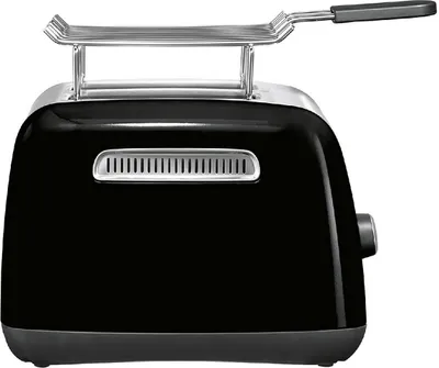 A black toaster viewed from the front, with a chrome wire rack on top.