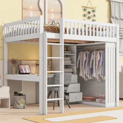 A loft bed with a desk, closet, and shelves integrated into its structure, set in a child's bedroom.