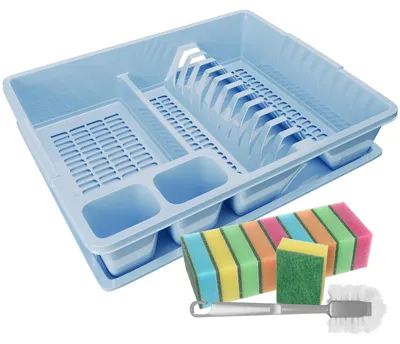 Productafbeelding van WELLGRO Afdrukgewicht van kunststof met reinigingsborstel en 10 sponsen - 44x35x9 cm (L x B x H) - Kom, schaaltjesmand, afdrukmand, afdrukgroen voor de spoelbak. Gemaakt in Europa