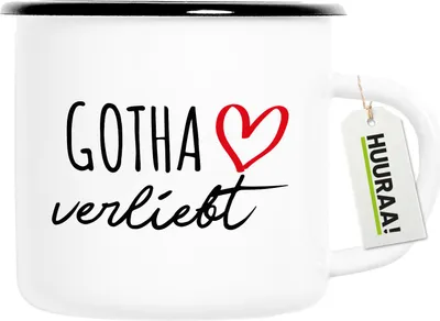 Produktbild von Huuraa Emaille Tasse Gotha verliebt 300ml Vintage Campingbecher Geschenkidee