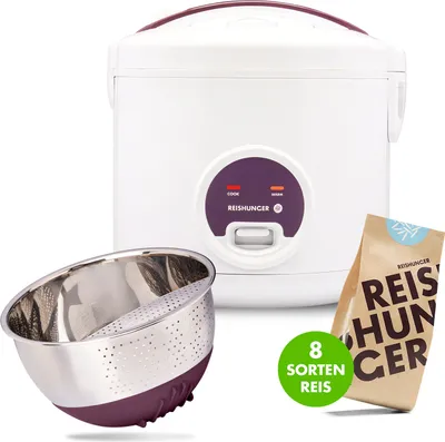 Produktbild von REISHUNGER Basis Reiskocher Starter Set, Großer Basis Reiskocher weiß Keramik, Reiswaschschüssel Edelstahl (Aubergine), Finde deinen Lieblingsreis Set