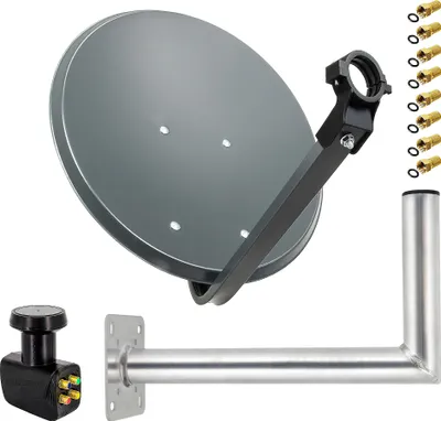 A satellite dish and its mounting hardware are displayed against a white background.