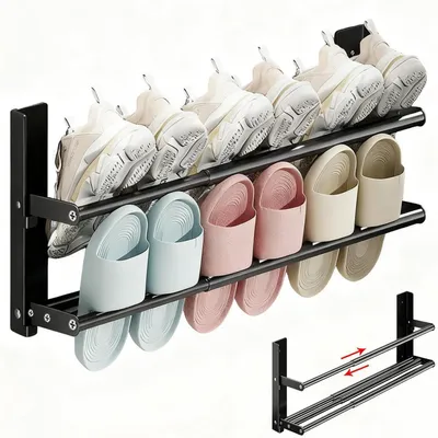 Zdjęcie produktu dla Półka na buty, metalowa, montowana do ściany, 2 poziomy, wysuwana, 37-67 cm, czarna