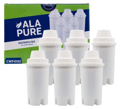 A product shot of multiple water filter cartridges and their packaging.