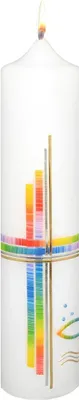 Produktbild von Taufkerze 265 x Ø 60 mm in Weiß Regenbogenkreuz, Fisch, Wasserwellen und Namensverzierung