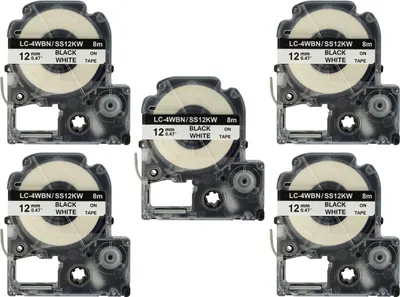 Produktbild von vhbw 5x Schriftband-Kassette kompatibel mit KingJim SR-PBW1, SR-RK1, SR750, SR950 Etiketten-Drucker 8m x 12mm Schwarz auf Weiß