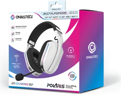 The image shows the retail packaging of a white Oniverse wireless gaming headset.